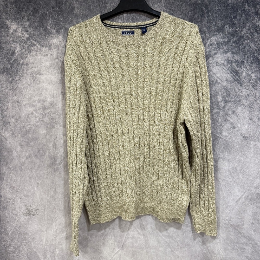 IZOD Men's Beige Cable-Knit Cotton Sweater Crewneck Alpaca Size Large Stretch